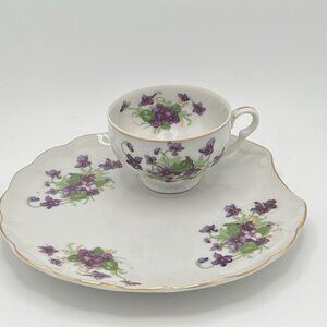 Norcrest Fine China Japan Floral Violet Tea Cup & Scallop Saucer Set Vtg Boho